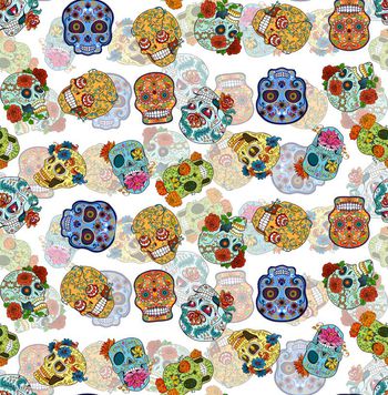 436249-时尚绚丽花卉骷髅头数码印花