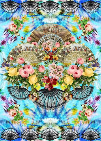 436505-欧式复古扇子扇面梦幻毛织花卉蝴蝶飞