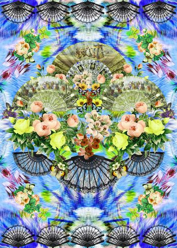 436506-欧式复古扇子扇面梦幻毛织花卉蝴蝶飞