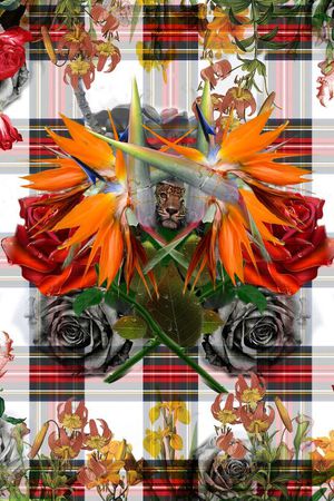 玫瑰格子自由手绘花卉印花华亿平台图片