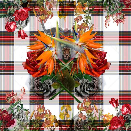 玫瑰格子自由手绘花卉印花华亿平台图片