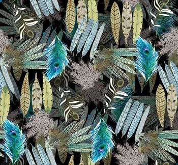 436836-流行时尚复古手绘羽毛数码印花