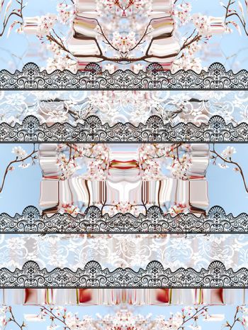 436905-清新浪漫樱花天空蕾丝条纹花卉组合女