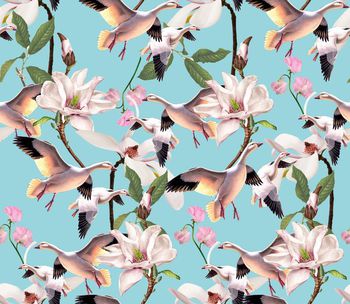 437239-	复古时尚手绘花卉天鹅组合印花