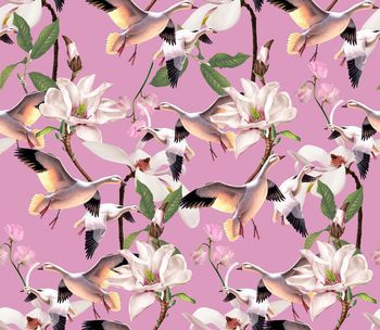 437240-	复古时尚手绘花卉天鹅组合印花