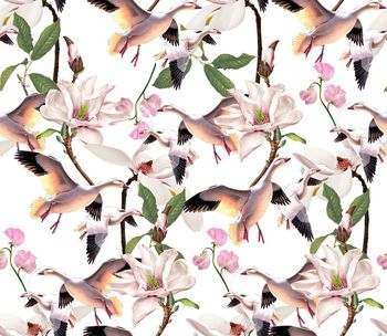 437241-	复古时尚手绘花卉天鹅组合印花