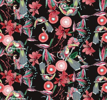 438009-时尚秋冬花鸟鹦鹉花卉组合印花