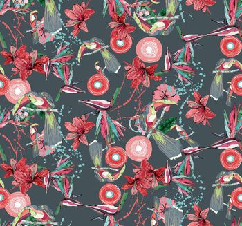 438010-时尚秋冬花鸟鹦鹉花卉组合印花