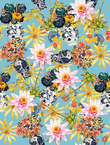 438019-时尚手绘大花青花瓷花卉数码印花