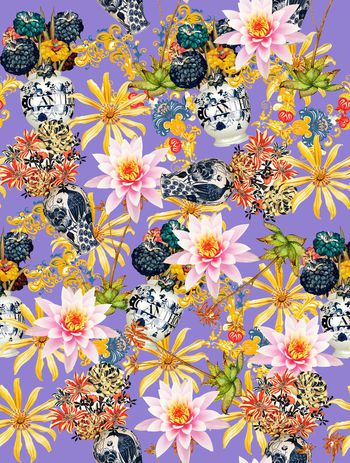 438020-时尚手绘大花青花瓷花卉数码印花