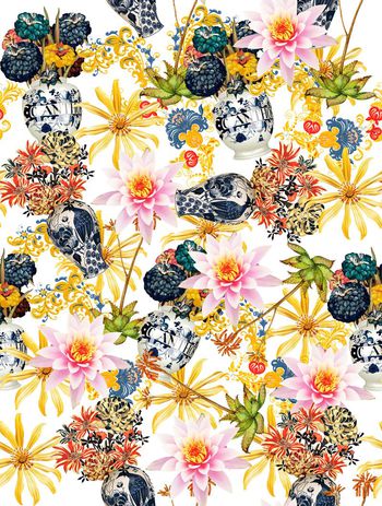 438021-时尚手绘大花青花瓷花卉数码印花