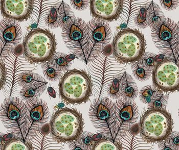 438028-复古鸟巢孔雀毛昆虫组合数码印花