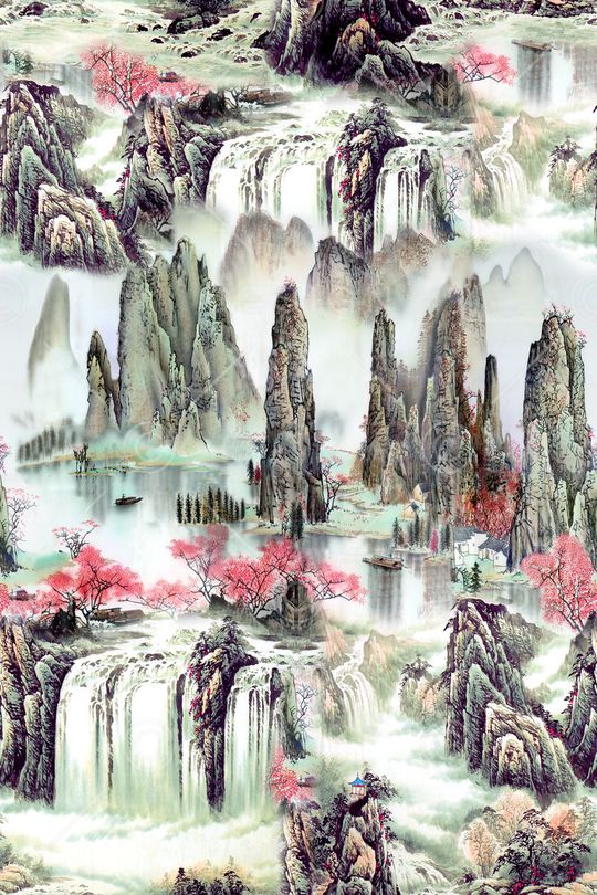 山水画印花华亿平台图片