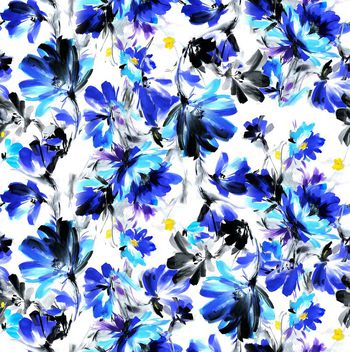 438696-时尚大胆撞色手绘抽象花卉数码印花