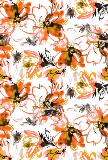 438769-	时尚抽象水彩笔触大花卉数码印花