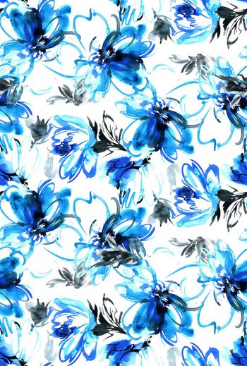 438770-	时尚抽象水彩笔触大花卉数码印花