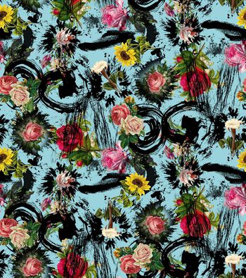 438956-流行时尚水墨笔触复古花卉组合印花