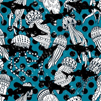 439153-流行时尚黑白波点鲨鱼水母组合印花