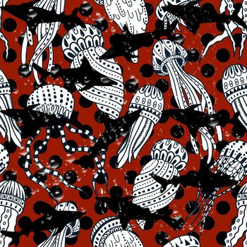 439154-流行时尚黑白波点鲨鱼水母组合印花