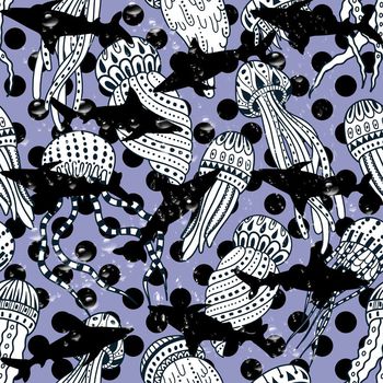 439155-流行时尚黑白波点鲨鱼水母组合印花