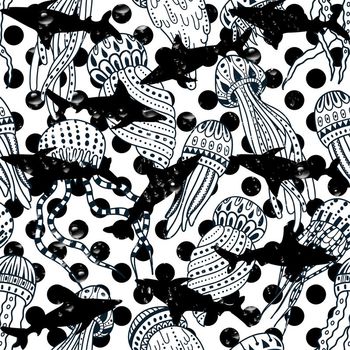 439156-流行时尚黑白波点鲨鱼水母组合印花