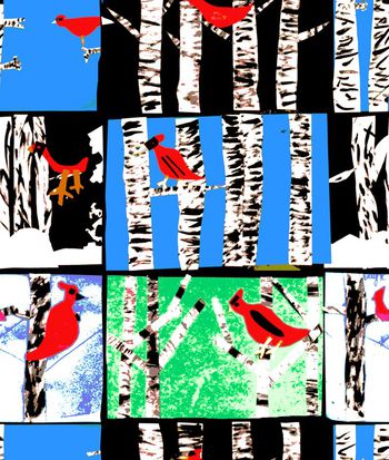 439471-波普艺术树林白桦林与琢木鸟大色块组