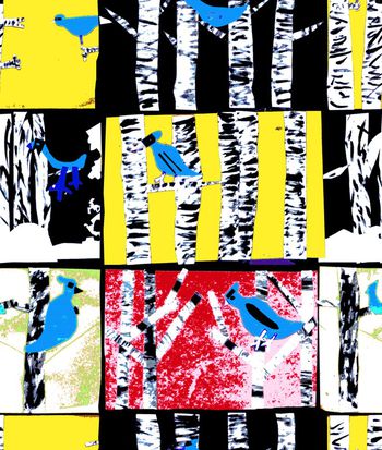 439473-波普艺术树林白桦林与琢木鸟大色块组