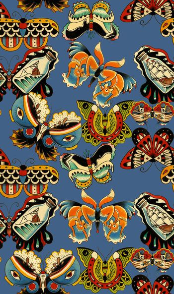 440058-复古民族色彩抽象蝴蝶外轮廓数码印花