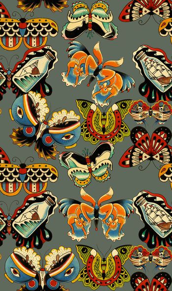 440060-复古民族色彩抽象蝴蝶外轮廓数码印花