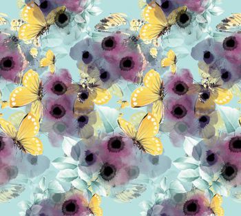 440071-抽象淡雅水彩墨迹蝴蝶数码印花