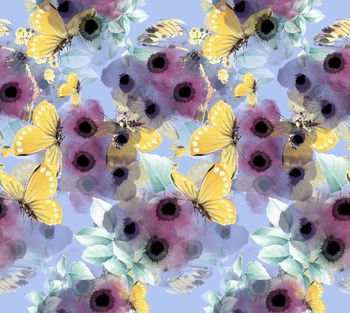 440072-抽象淡雅水彩墨迹蝴蝶数码印花