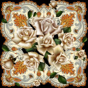 440342-复古花卉香槟玫瑰方巾，高贵花边丝巾