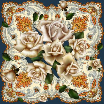 440343-复古花卉香槟玫瑰方巾，高贵花边丝巾