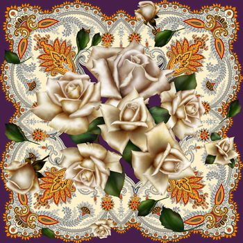 440344-复古花卉香槟玫瑰方巾，高贵花边丝巾