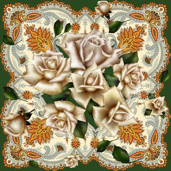 440345-复古花卉香槟玫瑰方巾，高贵花边丝巾