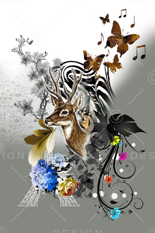 定位鹿头斑纹黑灰系动物纹印花华亿平台图片