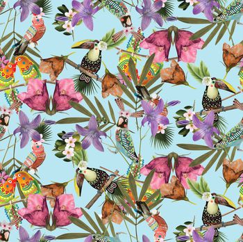 442423-流行时尚鹦鹉手绘花卉组合印花
