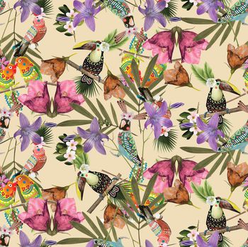 442424-流行时尚鹦鹉手绘花卉组合印花