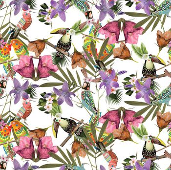 442425-流行时尚鹦鹉手绘花卉组合印花