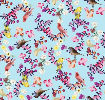 442438-时尚小清新水彩花卉鸟数码印花