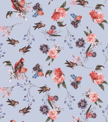 442699-复古简约手绘花鸟组合印花