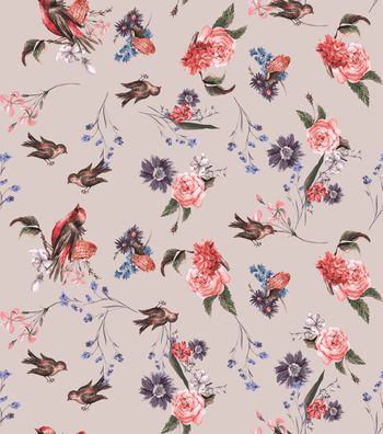 442700-复古简约手绘花鸟组合印花