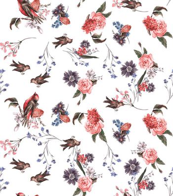 442701-复古简约手绘花鸟组合印花