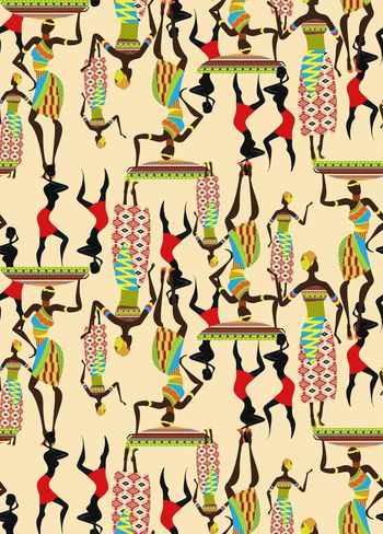 443031-	时尚卡通非洲壁画人物插画数码印花