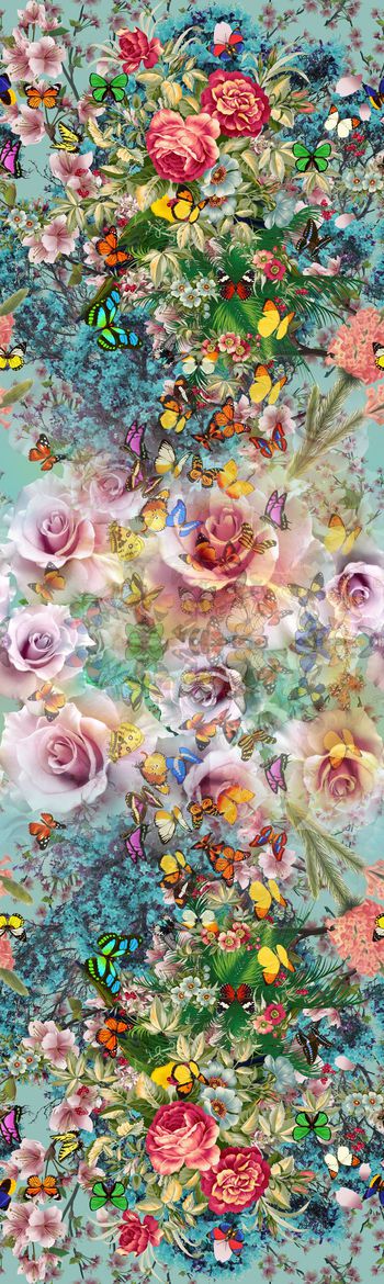 443710-时尚高贵典雅花丛花簇丛林蝴蝶镜像花