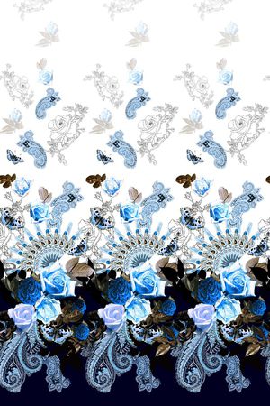 扇子排花二方连续青花配色油画花卉真丝数码时尚年轻欧式佩斯利涡旋纹-蓝红印花华亿平台图片