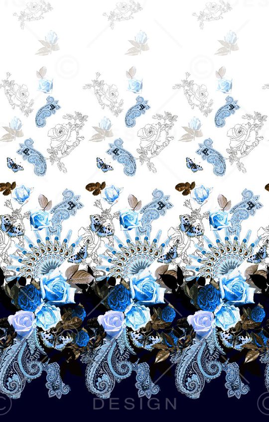 扇子排花二方连续青花配色油画花卉真丝数码时尚年轻欧式佩斯利涡旋纹-蓝红印花华亿平台图片