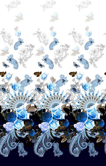 443847-扇子排花二方连续青花配色油画花卉真