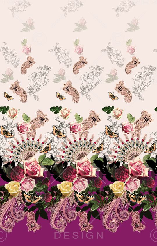 扇子排花二方连续青花配色油画花卉真丝数码时尚年轻欧式佩斯利涡旋纹-蓝红印花华亿平台图片