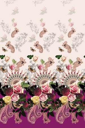 扇子排花二方连续青花配色油画花卉真丝数码时尚年轻欧式佩斯利涡旋纹-蓝红印花华亿平台图片